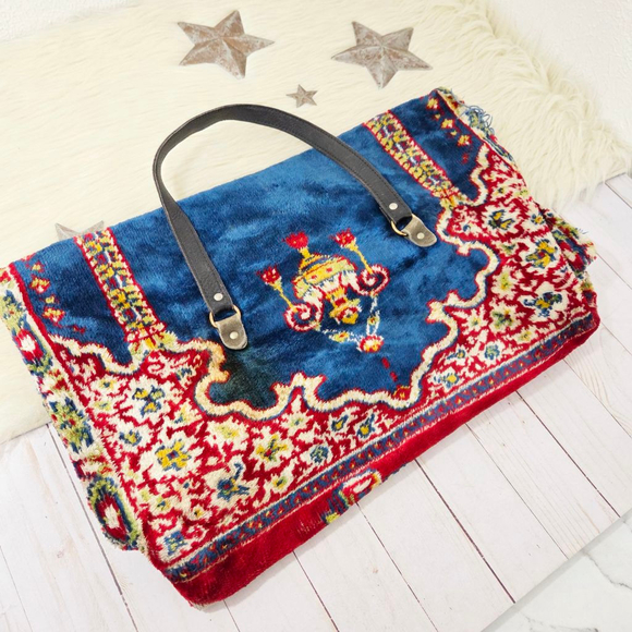 Vintage 60s 70s Carpet Bag blue tapestry kilim large foldover fringe French - Picture 2 of 14